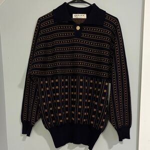 Vintage Jaeger Wool Sweater Mens Navy Bronze Geometric Polo Knit Great Britain